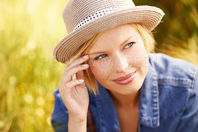 Buy stock photo Countryside, thinking and woman with sunshine, ideas and adventure with tourism, summer and calm. Person, travelling or girl with happiness, peace and hat with fresh air, relax or journey with joy