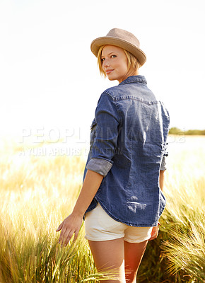 Buy stock photo Woman, portrait and peace in outdoor wheat field, spring and relax in sustainable nature. Female person, happy and travel to meadow on summer holiday or vacation, mockup space and trip to countryside