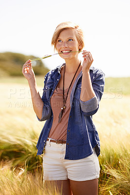 Buy stock photo Woman, wheat field and grass environment in countryside for travel holiday or rural area, nature or sustainability. Female person, happiness and meadow location in New Zealand, explore or journey