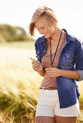 Buy stock photo Woman, wheat field and grass environment in nature or travel holiday or rural area, farmland or sustainability. Female person, happiness and meadow location in New Zealand to explore, journey or trip