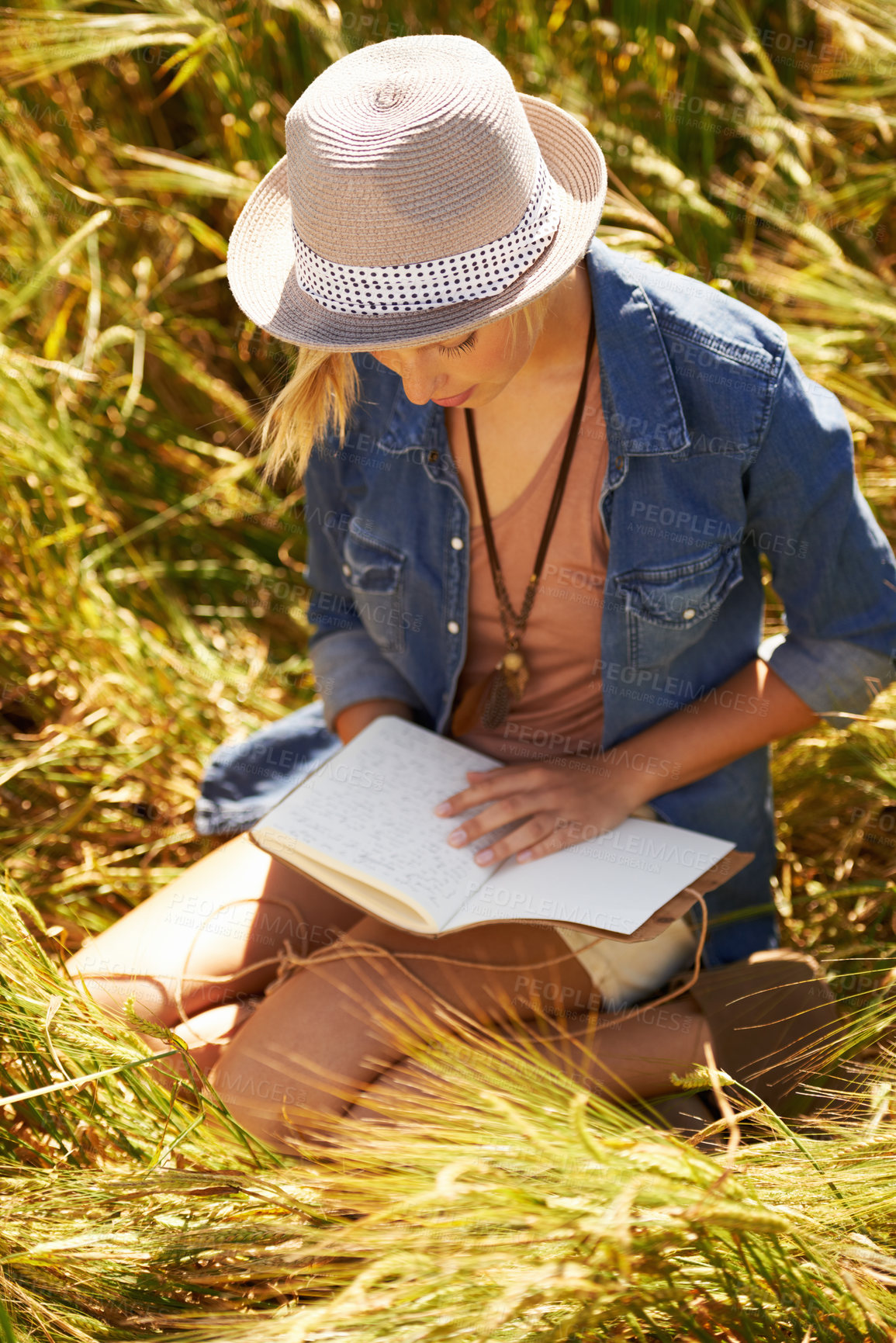 Buy stock photo Nature field, book and woman reading diary entry about spring wellness, stress relief or creative story in countryside. Notebook, planner and person check journal notes, information or. travel letter