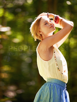 Buy stock photo Forest, thinking and woman with sunshine, outdoor and ideas with tourism, summer and adventure. Person, travelling and girl with happiness, daydreaming and fantasy with fresh air, relax and journey