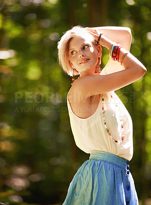 Buy stock photo Woods, thinking and woman with sunshine, nature and ideas with tourism, adventure and countryside. Happy person, travelling and girl with happiness, summer and fantasy with a smile, relax and journey
