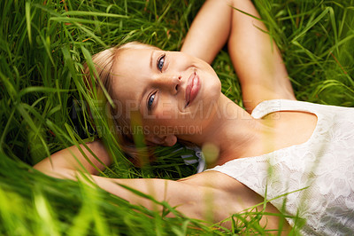 Buy stock photo Grass field, nature portrait and happy woman relax, smile or rest for outdoor stress relief, morning wellness or break. Freedom, meadow and spring girl enjoy fresh air, sunshine or harmony in woods