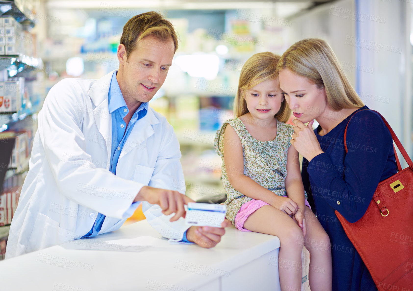 Buy stock photo Pharmacy, medicine and mom with child for prescription order, medication and pills. Healthcare, drug store and pharmacist, mother and girl with tablets at counter for wellness, health and treatment