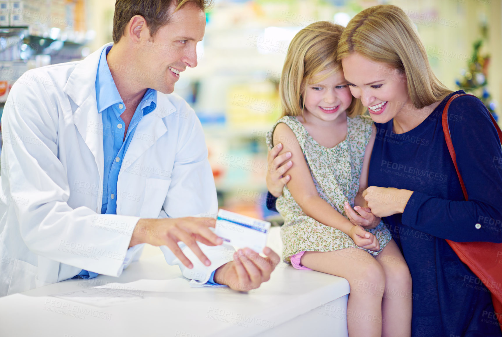 Buy stock photo Pharmacy, happy and mom with child with medicine, medication and pills for prescription order. Healthcare, drug store and pharmacist, mother and girl with tablets for wellness, health and treatment