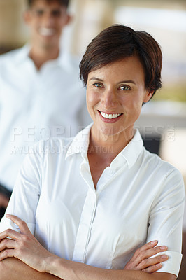 Buy stock photo Portrait, leader or happy businesswoman with arms crossed in office for career growth in company. Coworking, staff or face of proud hr manager in startup agency with confidence for mission in Germany