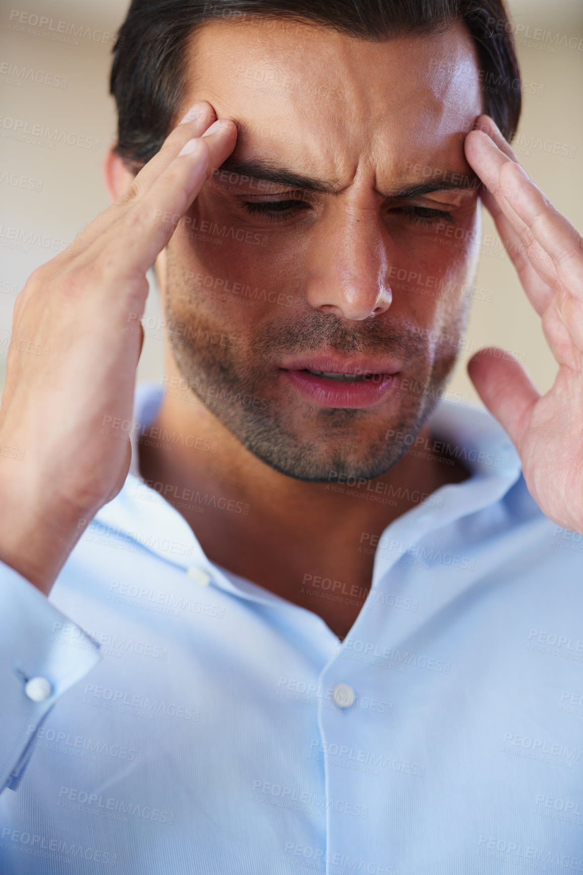 Buy stock photo Stress, headache and business man in office exhausted for tension, medical crisis and frustrated. Professional worker, corporate and person with migraine, head pain and anxiety for career burnout