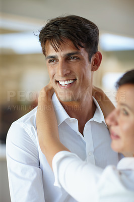 Buy stock photo Home, couple and smile with hug for bonding together, connection and admiration with love. House, man and woman with affection for valentines day embrace, support or commitment with trust in marriage