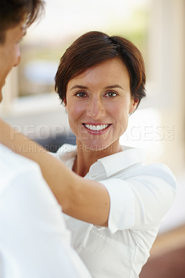 Buy stock photo Hug, happy and portrait of couple in home for bonding, loving relationship and relaxing together. Marriage, romantic moment and man and woman embrace for affection, commitment and care in living room