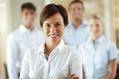 Buy stock photo Portrait, leader or happy businesswoman with staff in office for career growth or teamwork in company. Colleagues, face or proud hr manager in startup agency with confidence for mission in Germany