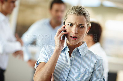 Buy stock photo Business woman, phone call and confused with question at meeting for crisis, deadline and bad deal in office. Person, smartphone and frustrated with stress, networking and contact at insurance job