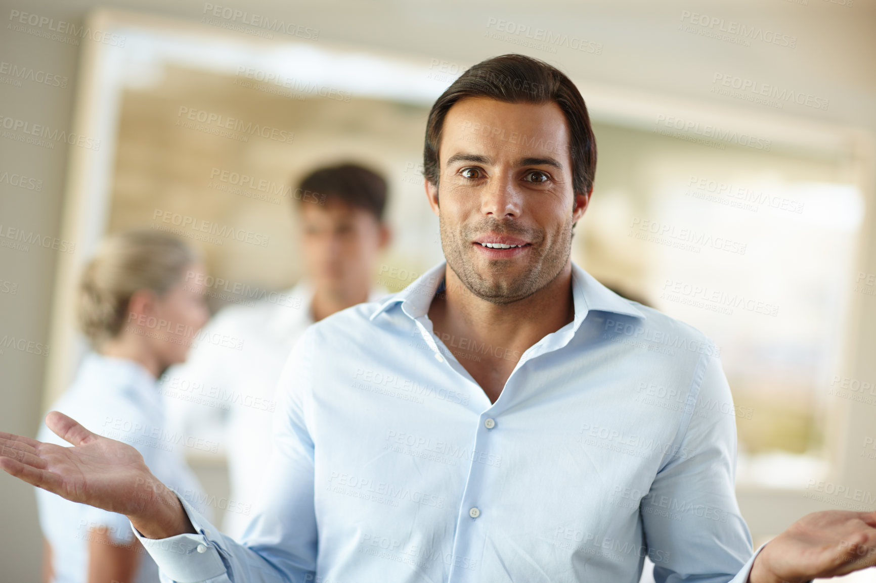 Buy stock photo Man, portrait and shrug in office for business, doubt and confused in meeting. Estate agent, puzzled and gesture in agency with questions, why and decision making with team for sales collaboration