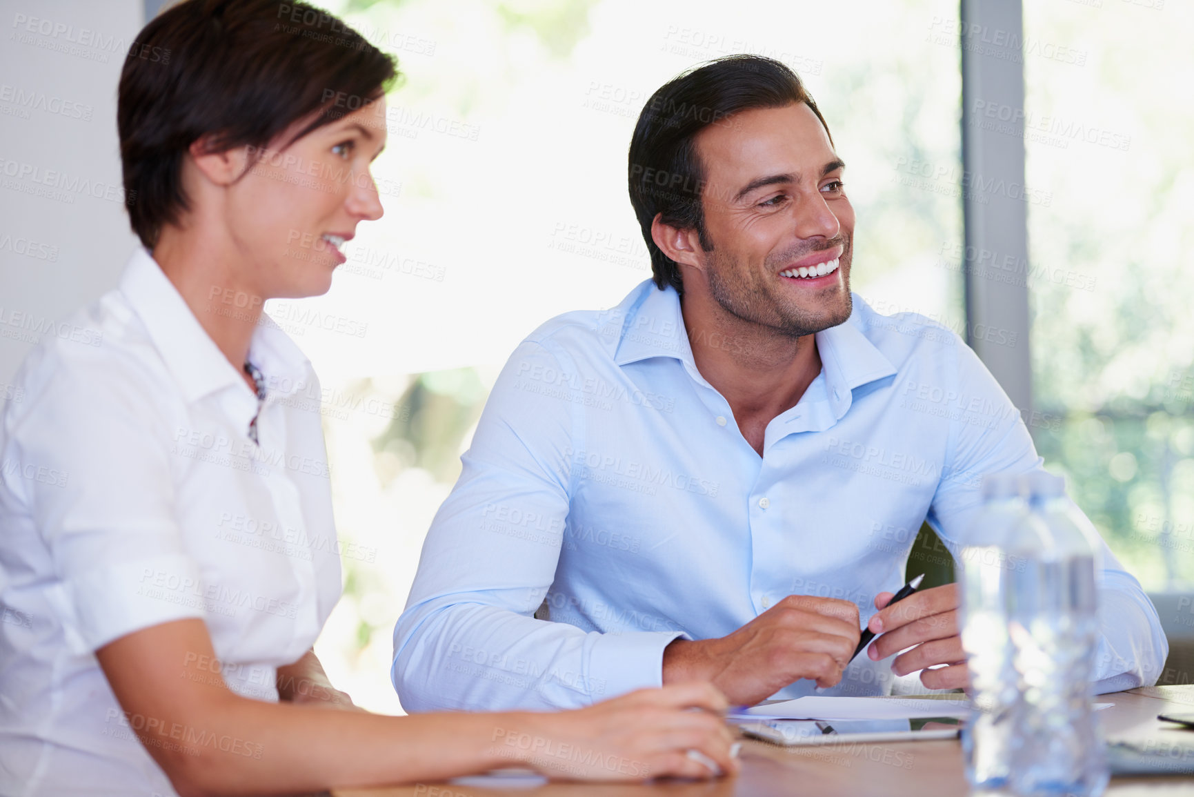 Buy stock photo Meeting, documents and happy business people in office for financial consulting, budget review and taxes. Professional, consultant and man and woman for finance check, credit report and company sales