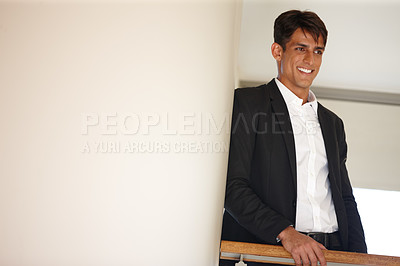 Buy stock photo Businessman, thinking and smile on balcony at office, memory and inspiration at real estate company. Person, realtor and mockup space with reflection, choice and decision for deal with property sale