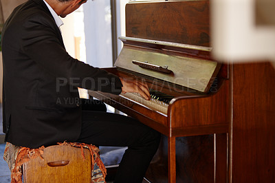 Buy stock photo Hands, piano and music for performance, practice and rehearsal with creativity, talent and ready for show. Person, pianist and artist with keyboard, melody and rhythm in home to prepare for concert