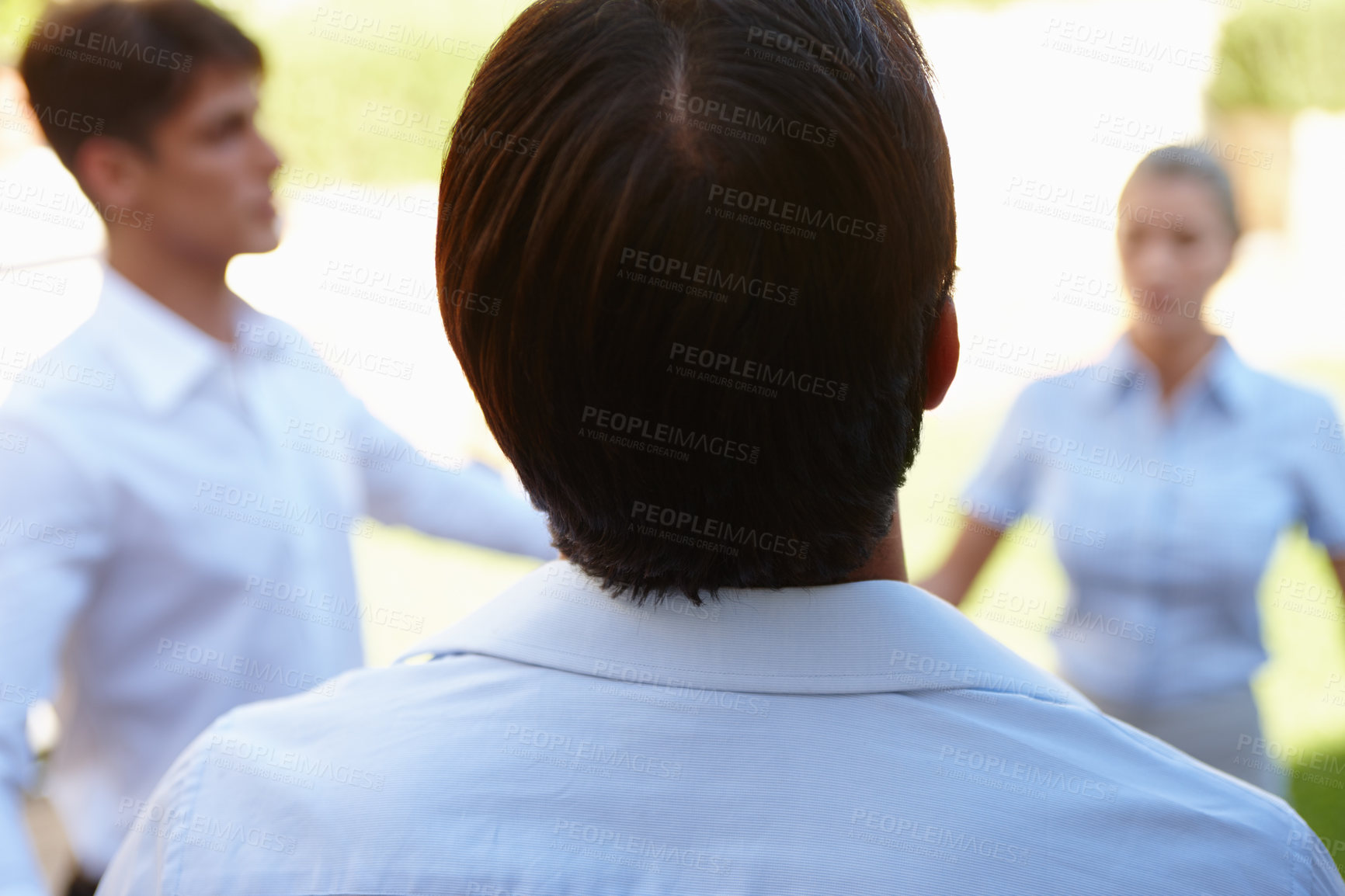 Buy stock photo Business people, meditation and holding hands with circle for zen, social group or huddle in nature. Calm, employees or colleagues with breathing exercise for inner peace or outdoor team building