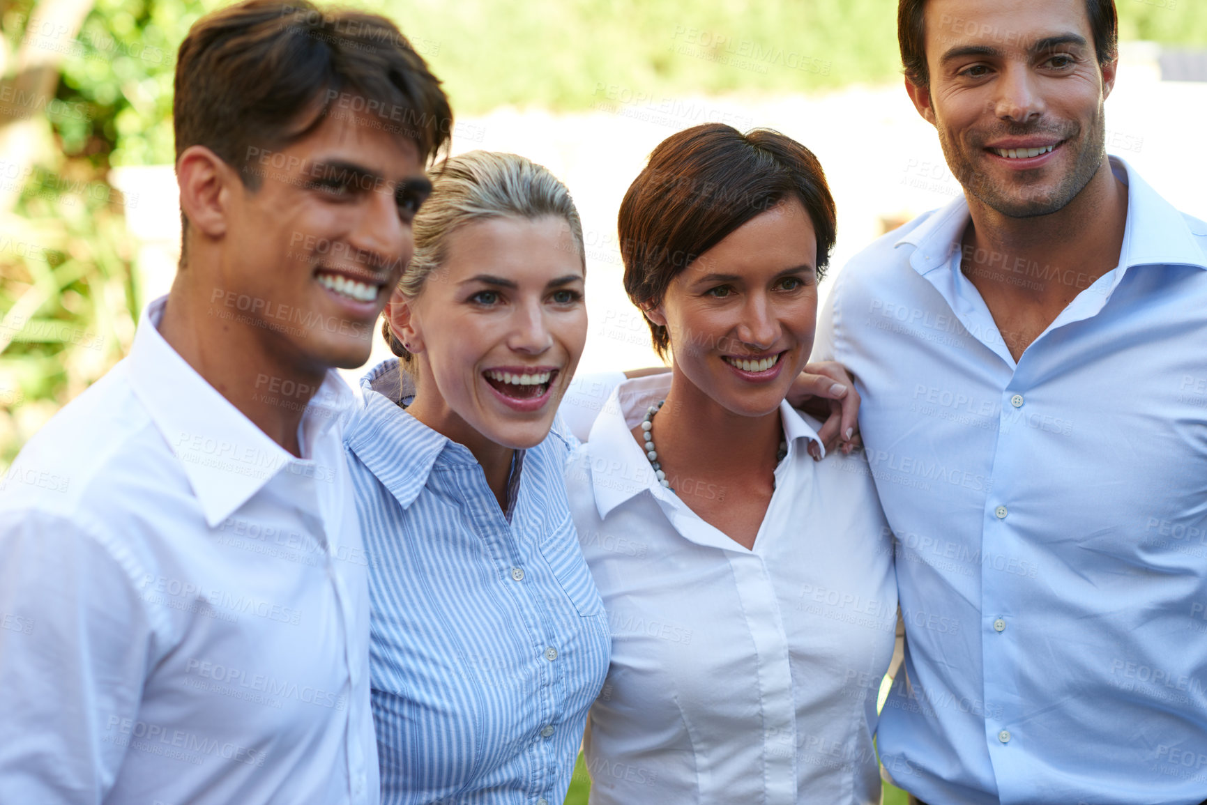 Buy stock photo Shot of a group of happy colleagues on a business retreat