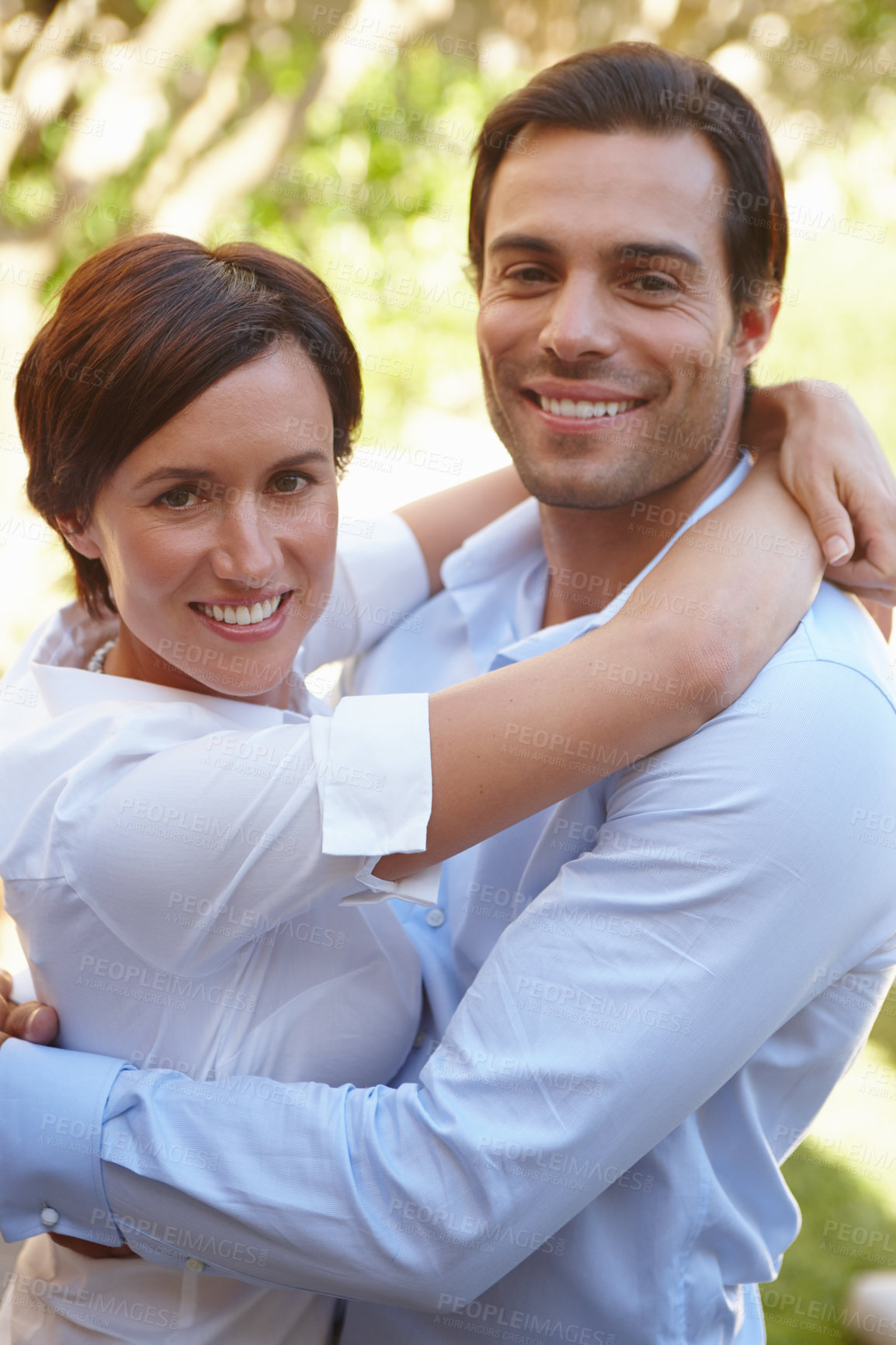 Buy stock photo Hug, happy and portrait of couple in garden for bonding, loving relationship and relaxing together. Marriage, backyard and man and woman embrace for affection, commitment and care outdoor on weekend