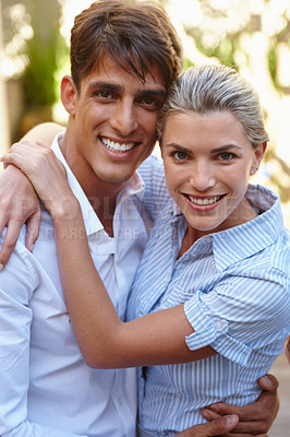 Buy stock photo Hug, happy and portrait of couple in nature for bonding, loving relationship and relaxing together. Marriage, garden and man and woman embrace for affection, commitment and care outdoors on weekend