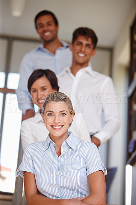 Buy stock photo Office, realtor team and portrait of business people on stairs for about us, collaboration and partnership. Real estate, consultants and men and women for professional career, pride or property sales