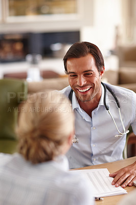 Buy stock photo Doctor, man and woman with documents, discussion and happy in office with checklist for medical history. People, gp and patient with paperwork, results and good news for therapy at wellness clinic