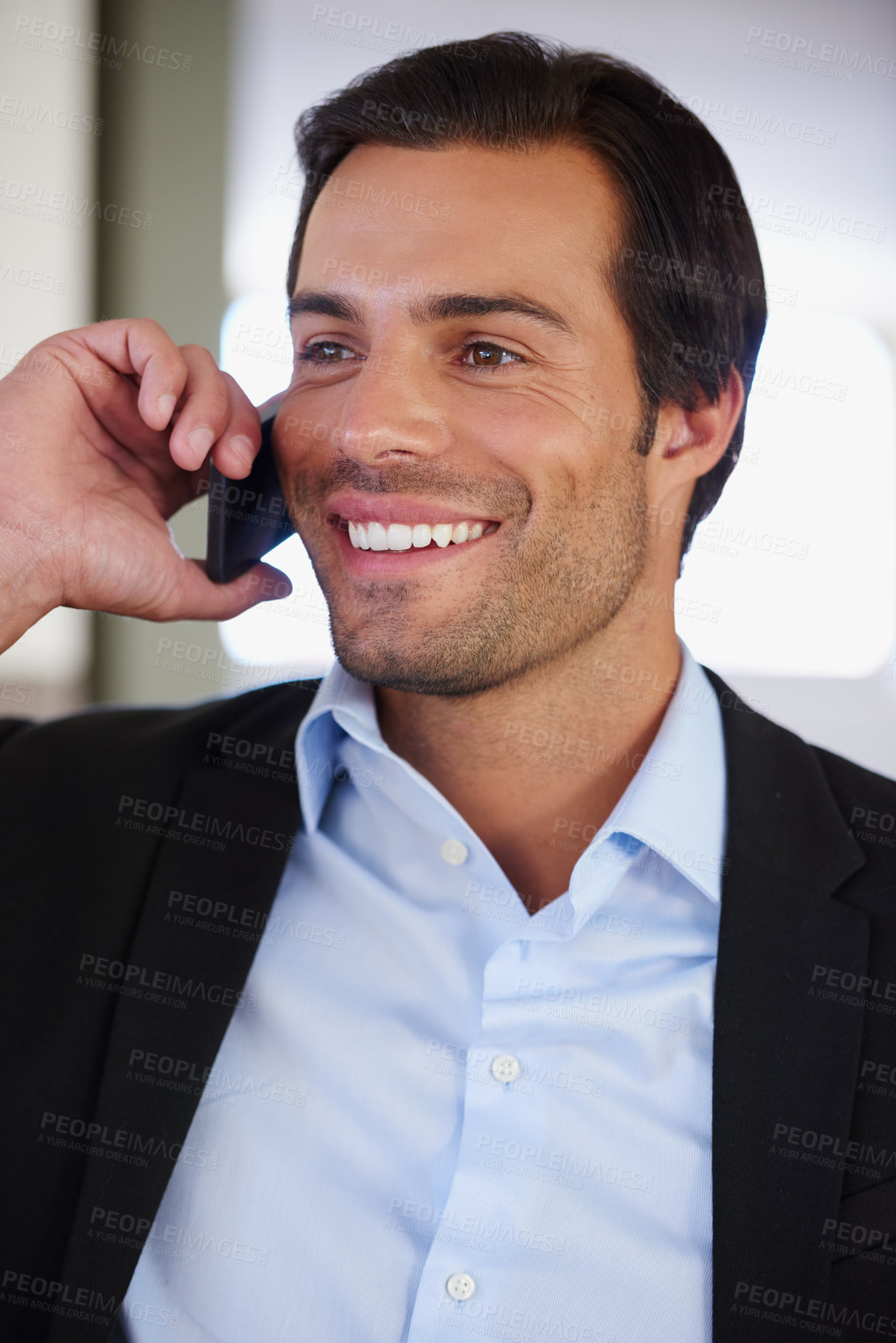 Buy stock photo Office, businessman and thinking with phone call for negotiation, networking and lawyer with good news. Smile, attorney and legal aid with mobile for conversation, court update and ideas with client