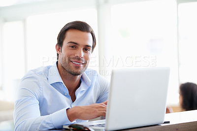 Buy stock photo Portrait, businessman and accountant with laptop in office, finance audit and smile for bookkeeping. Research, male person and auditor with tech for financial statement, online report and tax review