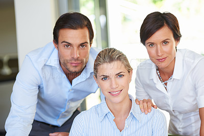 Buy stock photo Portrait, business people and collaboration in office for corporate, professional career and accountants. Workplace, employees and consultant with smile for accounting team, about us and cooperation