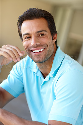 Buy stock photo Happy, man and portrait of teacher at school for education career with confidence for knowledge. Relax, pride and male educator from Portugal with smile in classroom for morning lesson at academy.