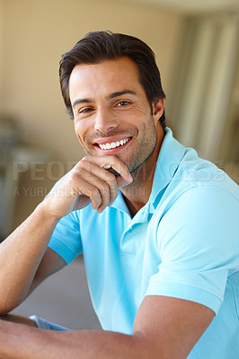 Buy stock photo Happy, man and portrait of teacher at academy for education career with confidence for knowledge. Relax, pride and male educator from Portugal with smile in classroom for morning lesson at school.