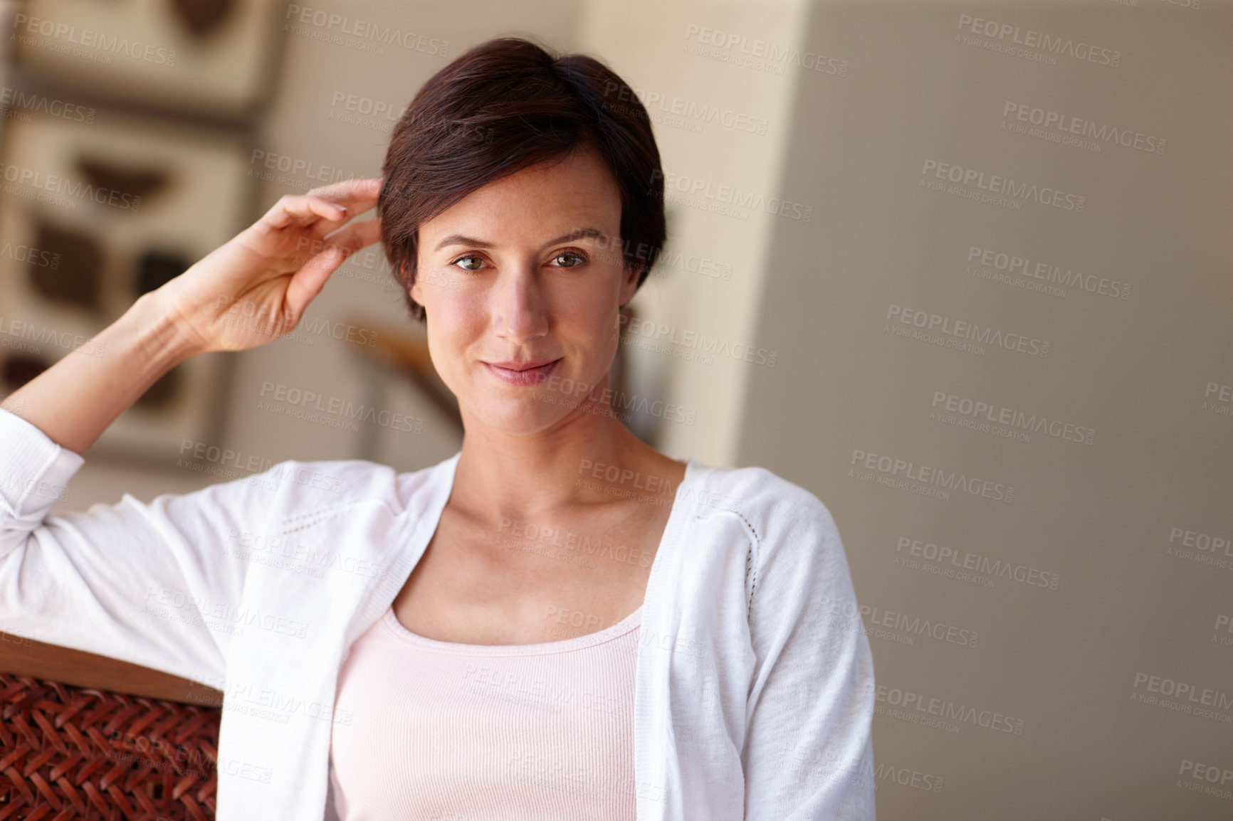 Buy stock photo Happy, relax and portrait of woman in home for relaxing, resting and enjoy weekend in living room. Apartment, house and face of person with confidence, pride and smile for break, calm and peace