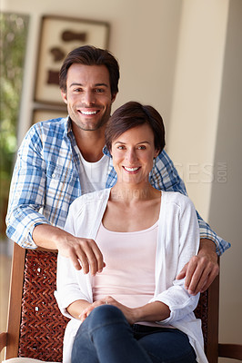 Buy stock photo Love, relax and portrait of couple in house for romance, bonding and relationship. Happiness, support and embrace with man and woman at home for care, memory and marriage connection together