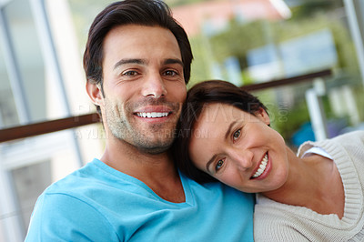 Buy stock photo Relax, smile and portrait of couple in house for romance, bonding and relationship. Happiness, support and embrace with man and woman at home for care, memory and marriage connection together