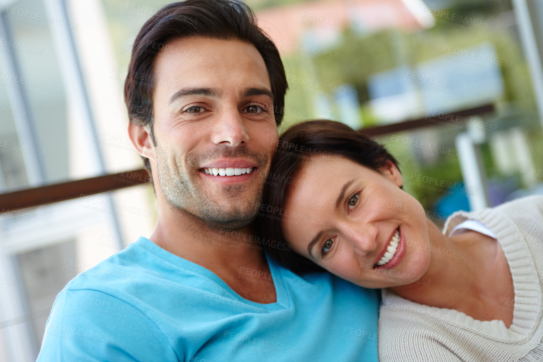 Buy stock photo Relax, smile and portrait of couple in house for romance, bonding and relationship. Happiness, support and embrace with man and woman at home for care, memory and marriage connection together