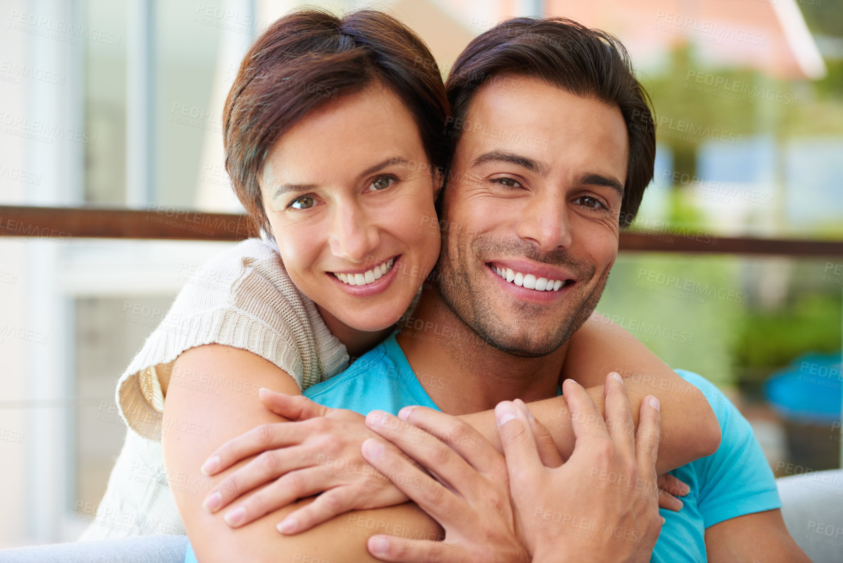 Buy stock photo Portrait, smile and couple with embrace at house for real estate achievement, property security and bonding. Happy, people and hug with home investment, relocation support and relationship commitment