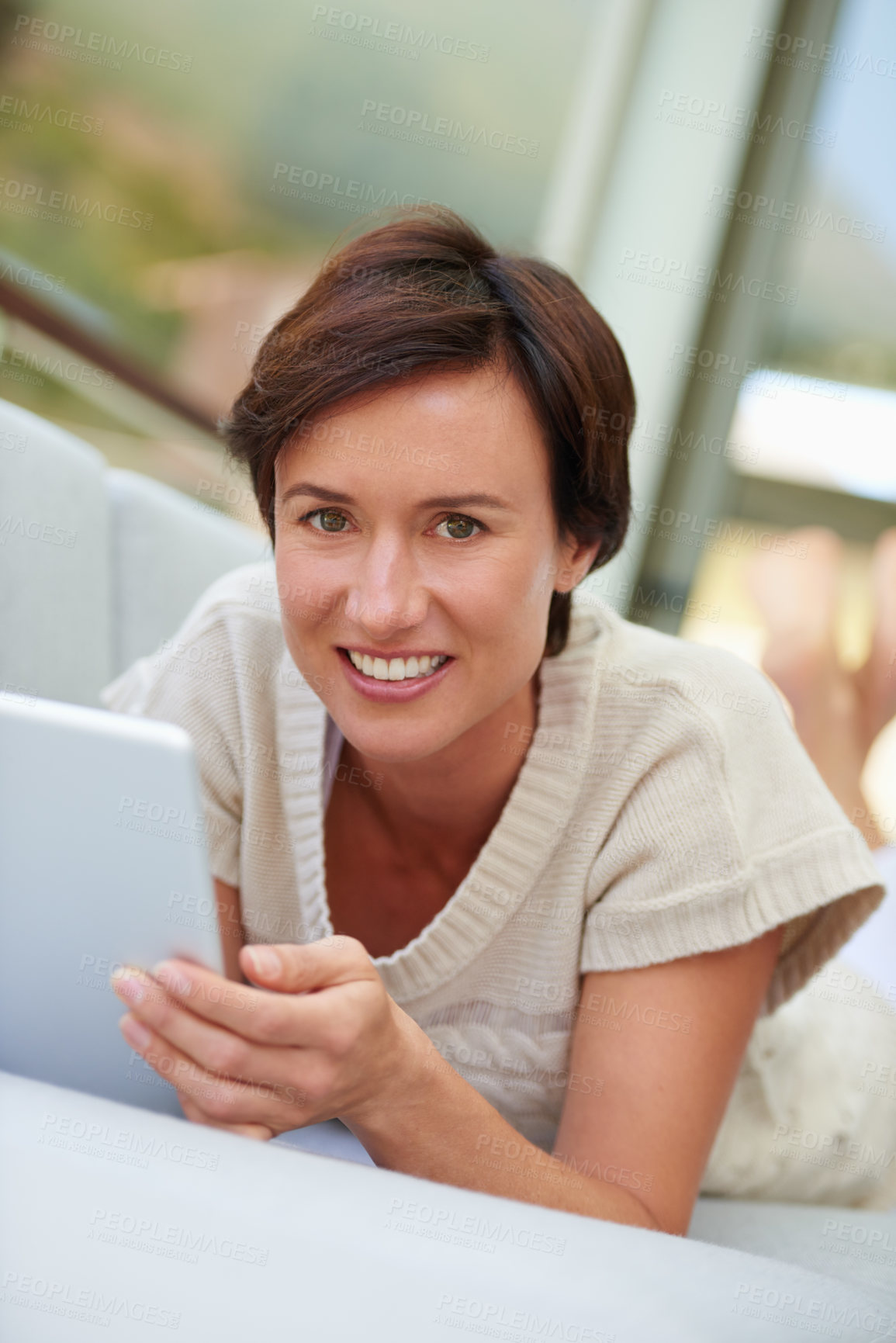 Buy stock photo Couch, portrait and woman with tablet for social media, online entertainment and web subscription at home. House, female person and relax with smile for interactive app, ebook and game in living room