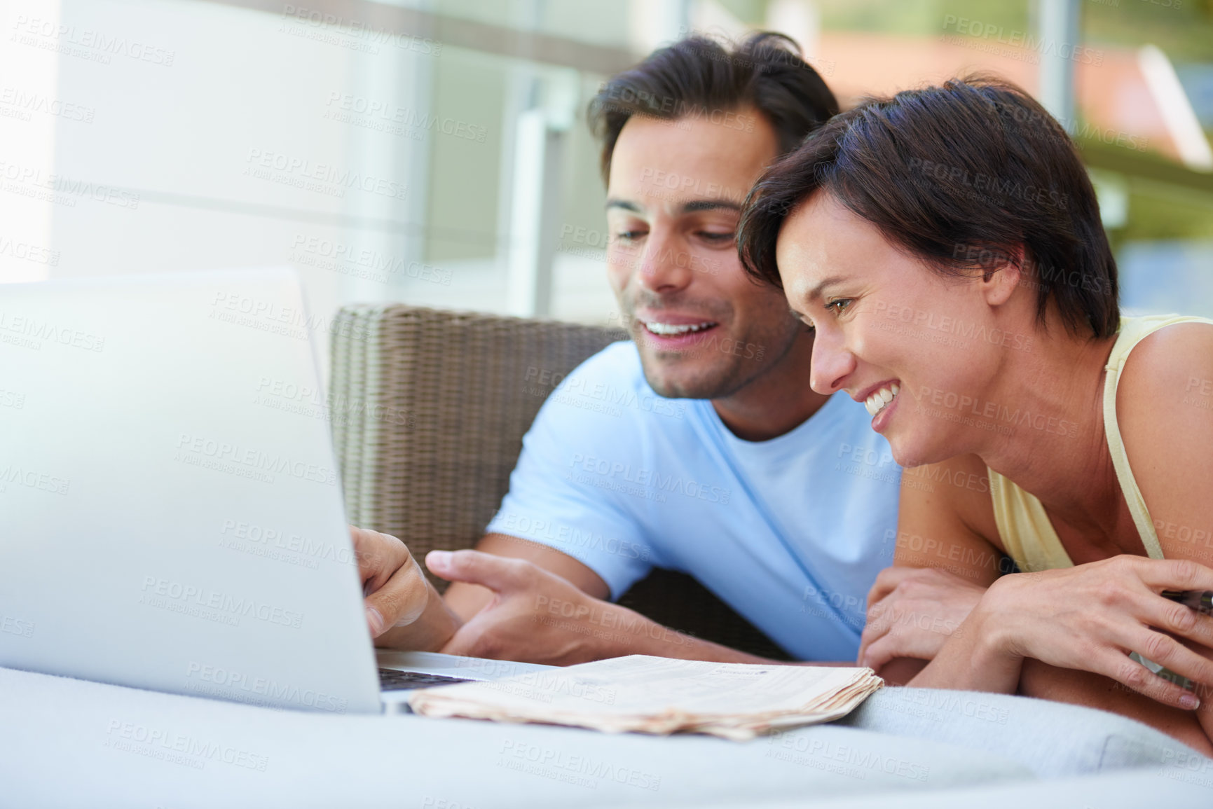 Buy stock photo Happy couple, laptop and budget discussion in home, financial planning or loan online. Computer, man and woman in living room with savings, mortgage application or invoice email for asset management