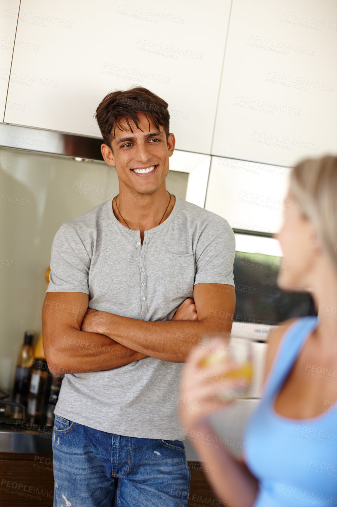 Buy stock photo Love, smile and couple in kitchen for morning, routine and breakfast together with juice. Happy family, relax and man with woman for conversation, getting ready and discussion for bonding in home