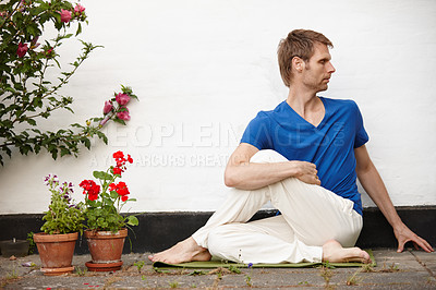 Buy stock photo Stretching, yoga and man with routine, flexibility and fitness for guy in morning, home and wellness. Outdoor, healthy and pilates for person with posture, house and peaceful on weekend for exercise