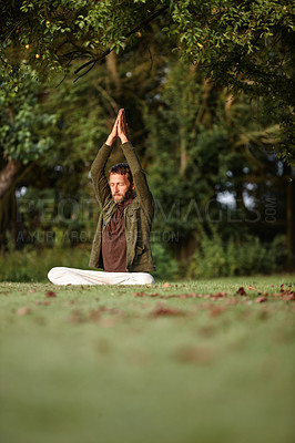 Buy stock photo Man, yoga and namaste for peace on grass, eyes closed and spiritual by tree in morning at park. Mature person, zen and meditation in garden with balance, breathing and mindfulness on ground in France