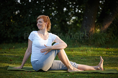 Buy stock photo Smile, woman and stretching for yoga on grass for mindfulness, spiritual healing and peace at garden. Thinking, female person and nature for warm up with health, holistic balance and zen fitness