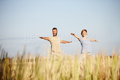 Buy stock photo Shot of a mature couple in the warrior position during a yoga workout in a field