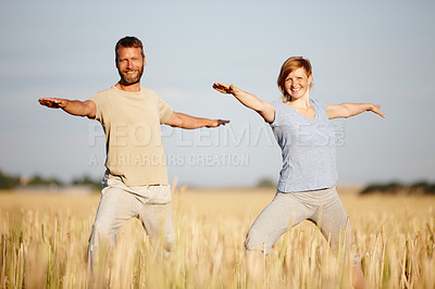 Buy stock photo Exercise, stretching and yoga with couple on blue sky together for holistic health or wellness routine. Balance, fitness or zen with smile of man and woman in corn field for awareness or mindfulness