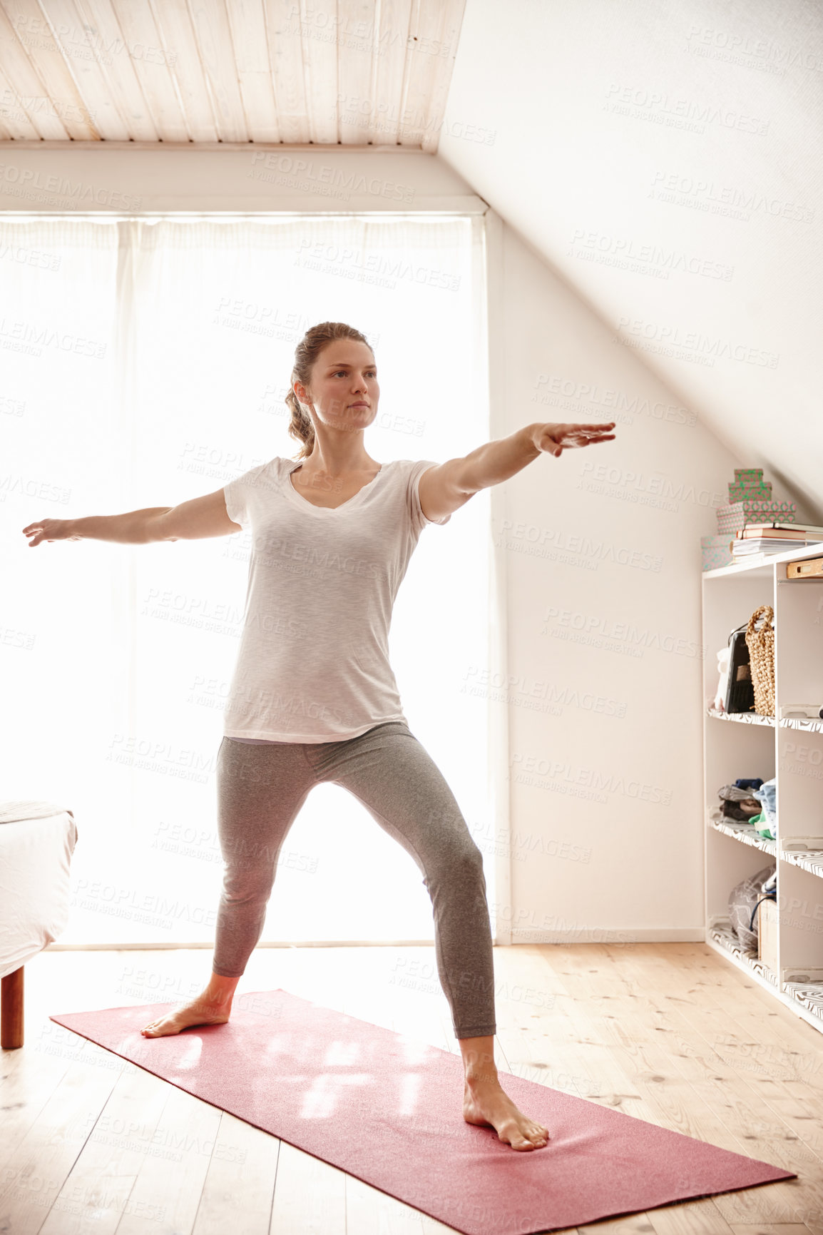 Buy stock photo Yoga, health and woman in home for fitness, body and stretching exercise in living room. Pilates, wellness and female person in warrior pose for stability, balance and leg strength workout in house.