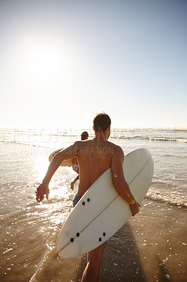 Buy stock photo Surfing, couple and running on beach with back, waves and summer bonding together in ocean. Holiday, hobby and sea with man, woman and surfer with fun travel on sand for vacation or practice