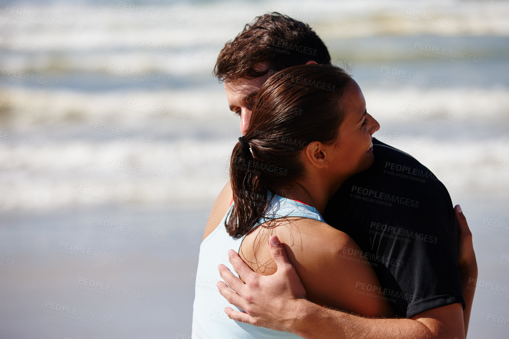 Buy stock photo Love, support and couple hug at beach for valentines day trip, embrace and romance in Spain. Summer vacation, trust and people bonding on holiday weekend at sea for romantic honeymoon or travel date