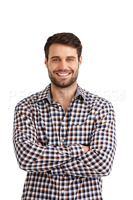 Buy stock photo Studio portrait of a handsome young man standing with his arms folded isolated on white