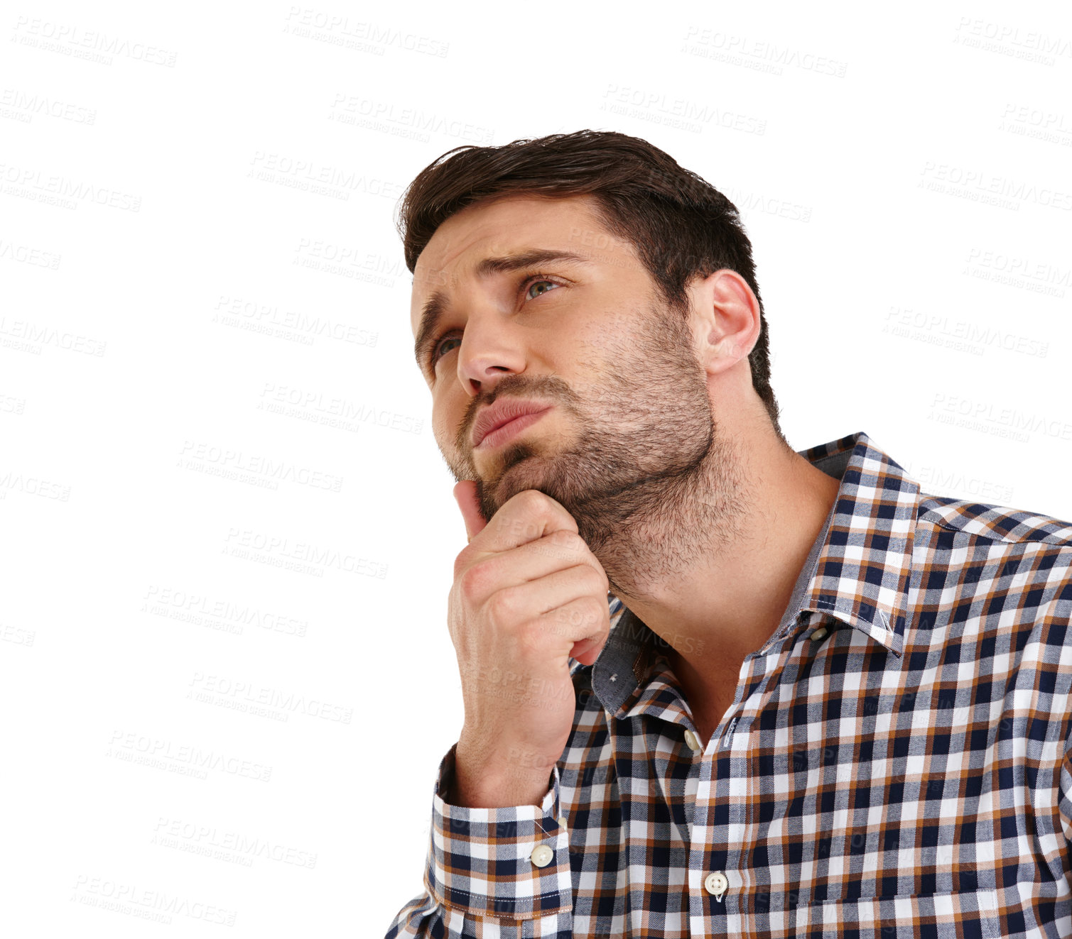 Buy stock photo Studio shot of a handsome young man racking his brain for ideas isolated on white