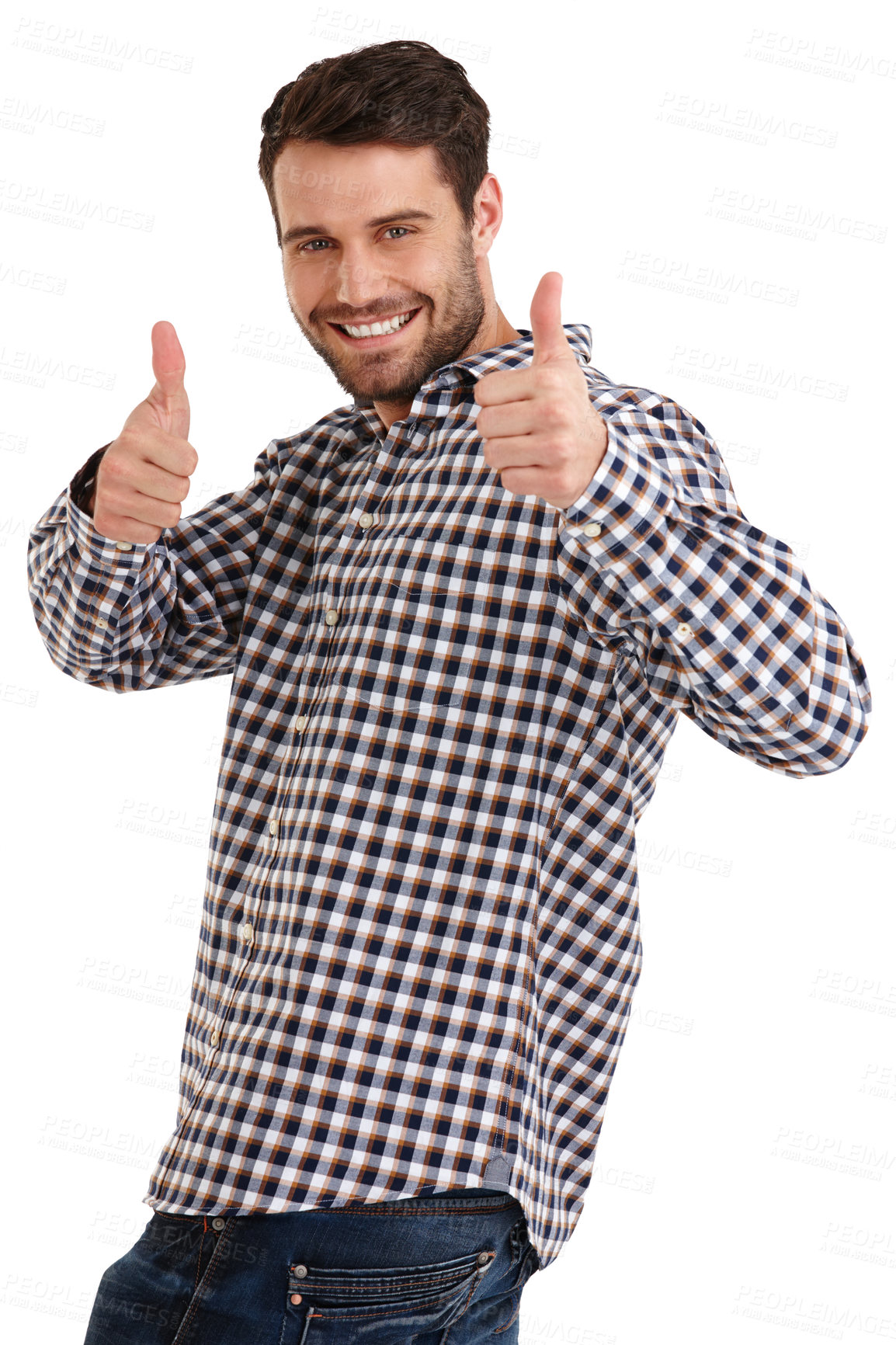 Buy stock photo Studio portrait of a handsome young man standing with his thumbs up isolated on white